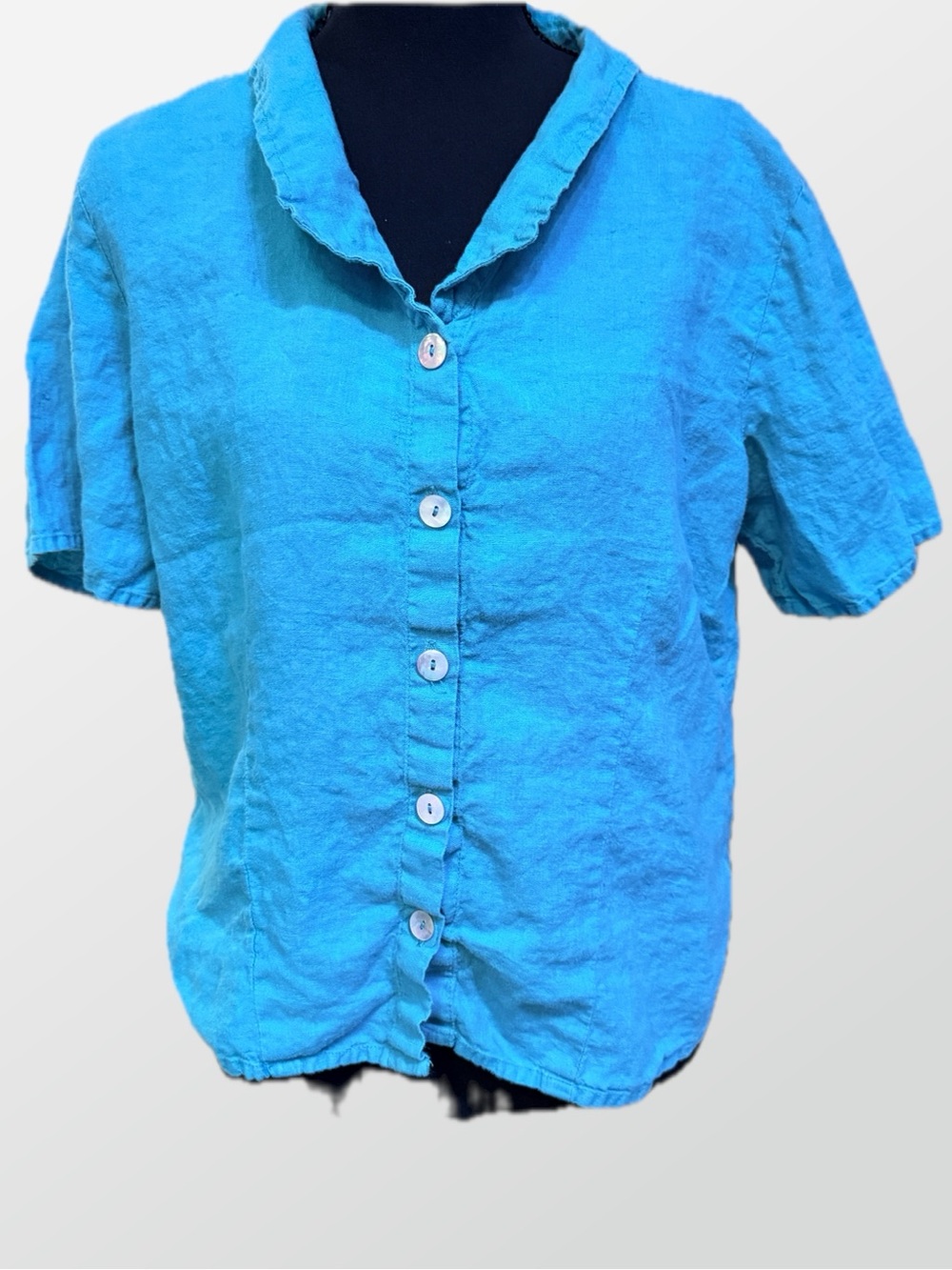 FLAX 100% Linen Short Sleeve Button Down Shirt Turquoise Size S